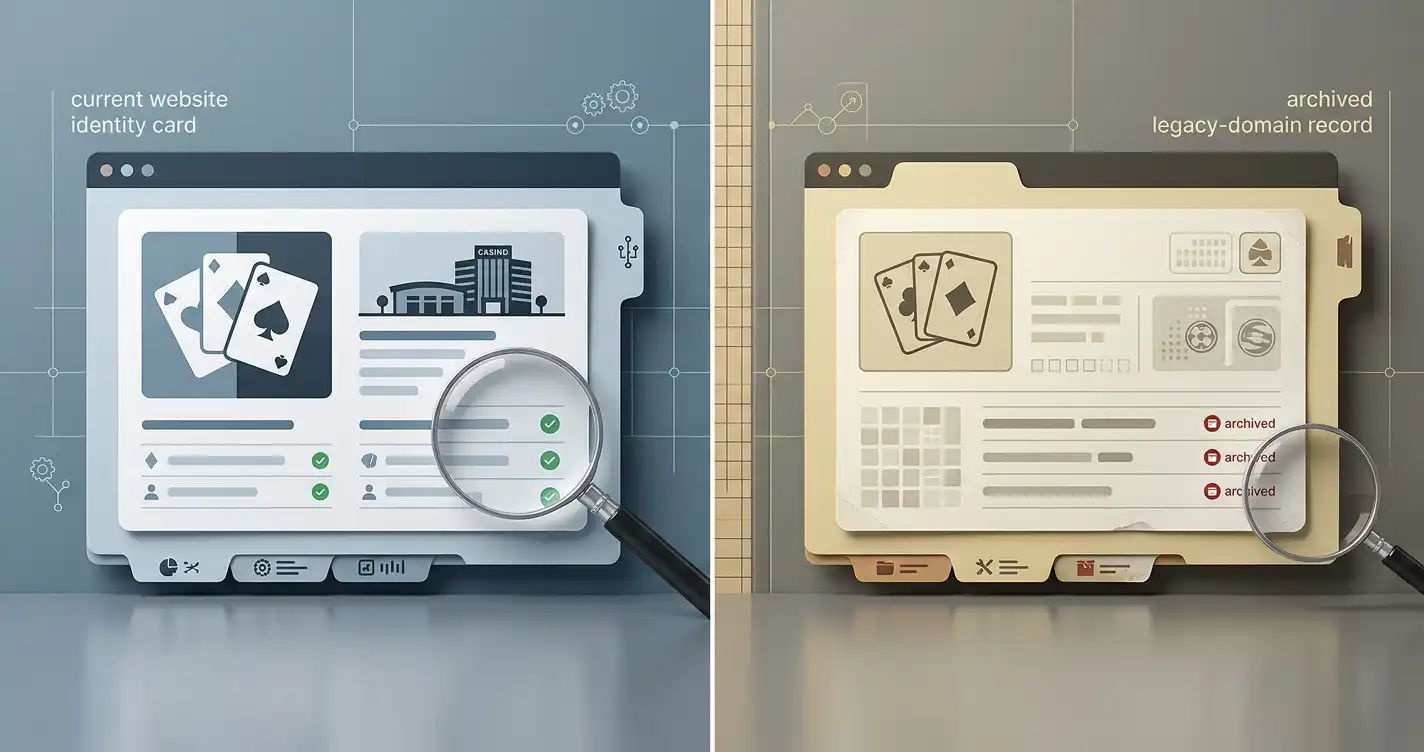 Editorial illustration contrasting a current casino website identity record with a separate archived legacy domain record