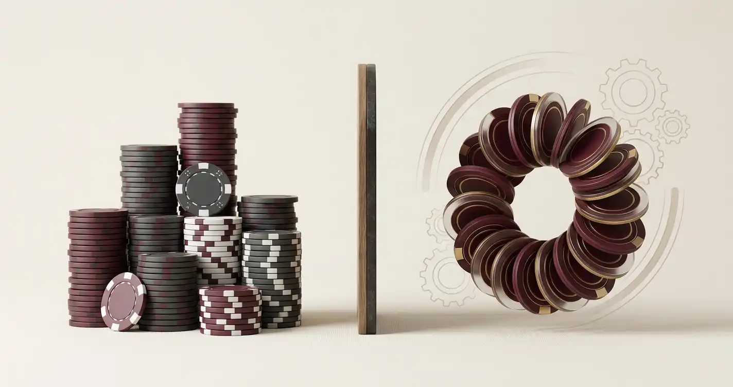 Editorial illustration of a casino welcome bonus split between matched funds and free spins