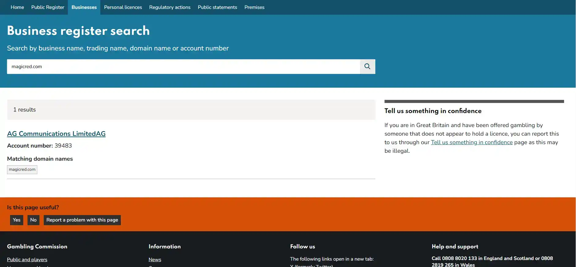 UK Gambling Commission public register context for the Magic Red licence check